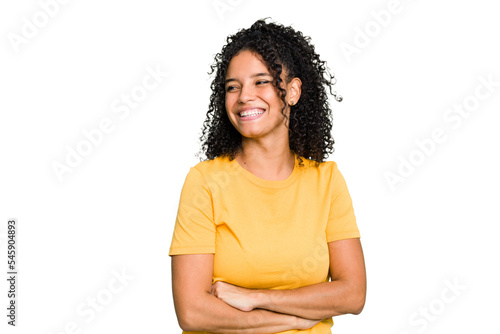 Young cute brazilian woman isolated smiling confident with crossed arms.