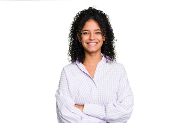 Young cute brazilian woman isolated who feels confident, crossing arms with determination.
