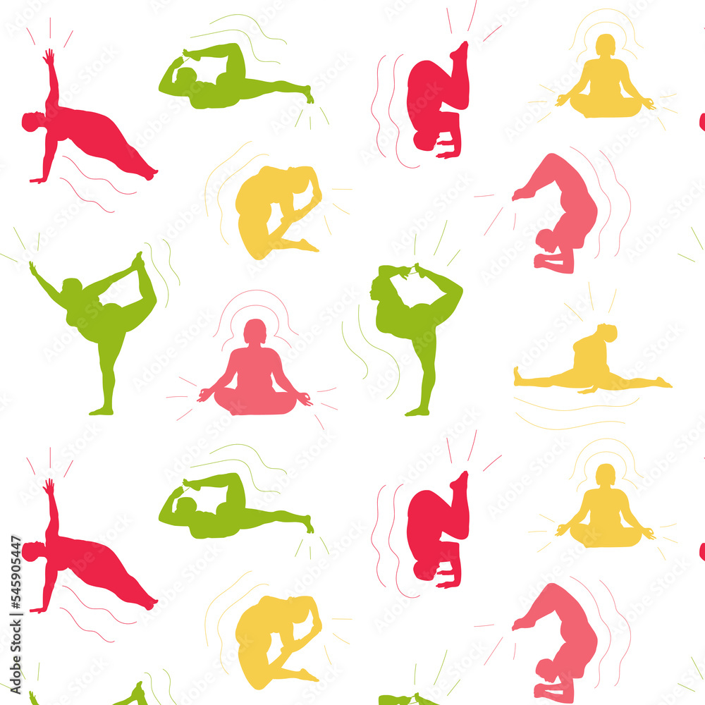yoga background bright colors with asanas, pattern for salon, textile, sport background