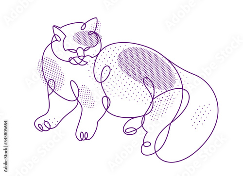 Fat and lazy cat line art vector illustration, linear drawing of pussycat relaxing, minimal outline sketch of cute domestic pet.