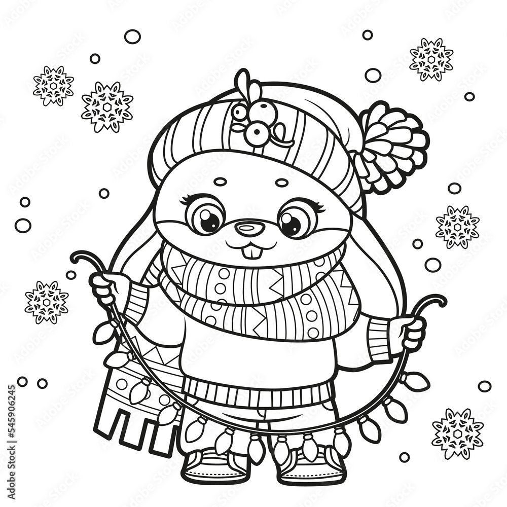 Cute cartoon rabbit in warm scarf  with garland outline variation for coloring page on white background