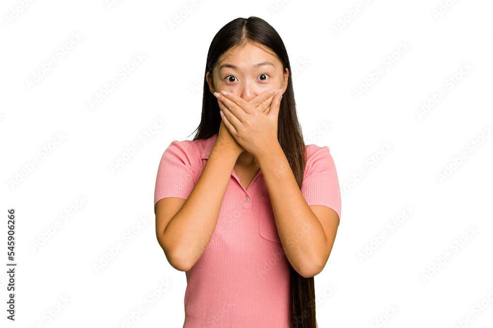 Young Asian woman isolated shocked covering mouth with hands. Young Asian woman isolated shocked covering mouth with hands.