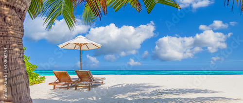 Beautiful tropical beach banner. Couple chairs scene, white sand coco palms travel panorama. Sunny summer sea, idyllic island nature shore. Amazing landscape. Luxury beach resort vacation or holiday