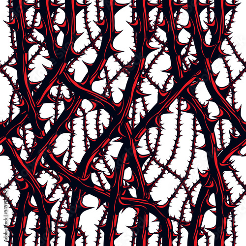 Horror art style seamless pattern, vector background. Blackthorn branches with thorns stylish endless illustration. Hard Rock and Heavy metal subculture music textile fashion stylish design.
