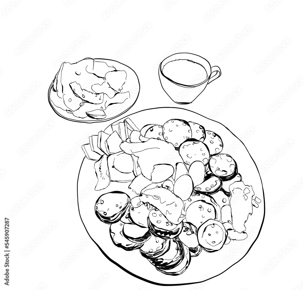different readymade meat and vegetables dishes on plates. Vector