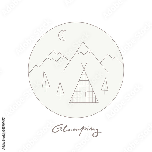 Vector linear glamping icon, label. Modern outdoor camp, trekking, nature reserve. Mountain landscape with house, tent, spruces, crescent moon, snow hills and lettering