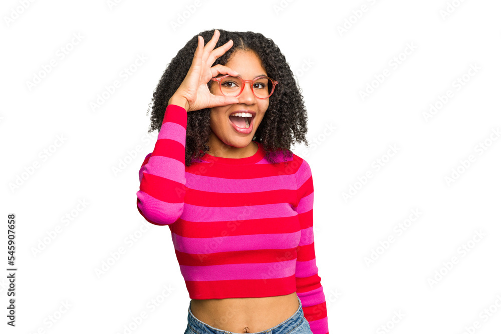 Young african american woman isolated excited keeping ok gesture on eye. Young african american woman isolated excited keeping ok gesture on eye.