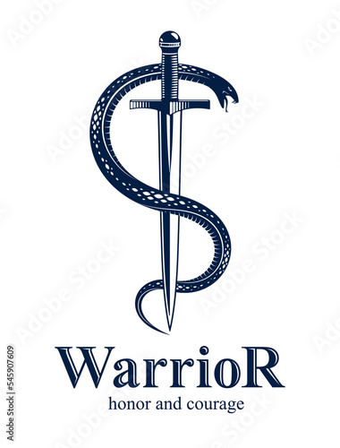 Snake and Dagger, Serpent wraps around a sword vector vintage tattoo, Roman god Mercury, luck and trickery, allegorical logo or emblem of ancient symbol.
