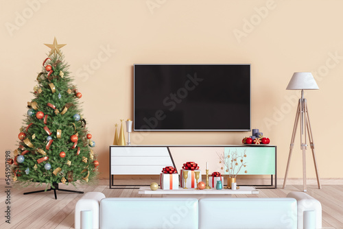 mock up smart tv. Christmas interior living room. 3d render
