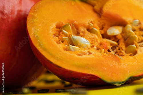 macro cut pumpkin with seeds