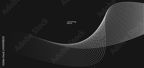 Wave of flowing vanishing particles vector abstract background, curvy lines dots in motion over black relaxing illustration, smoke like image.