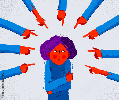 Shaming and blaming vector concept, hand pointing finger on young girl woman feeling uncomfortable and scared, discrimination problem of cruel and intolerant behavior in social groups