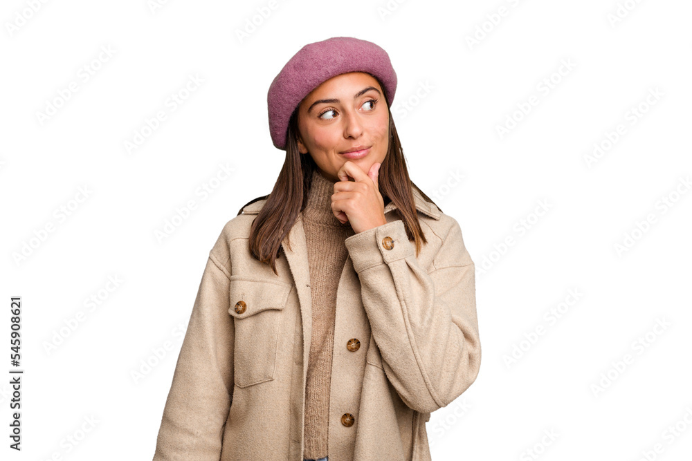 Young caucasian woman wearing winter jacket isolated looking sideways with doubtful and skeptical expression. Young caucasian woman wearing winter jacket isolated looking sideways with doubtful and skeptical expression.