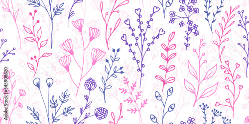 Field flower sprouts organic vector seamless ornament. Boho herbal graphic de...