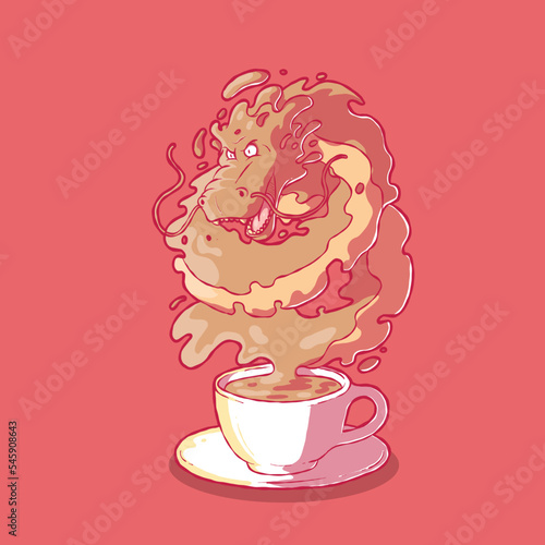 Liquid Dragon coming out of a coffee cup vector illustration. Drink, coffee, energy design concept.