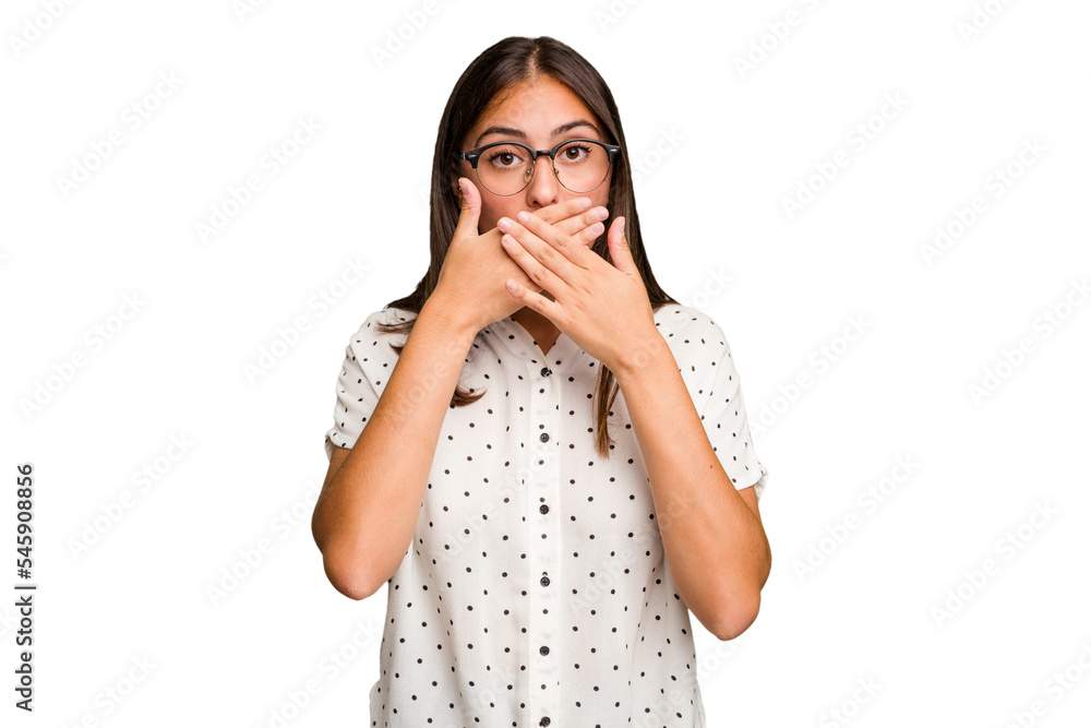 Young cute caucasian woman isolated covering mouth with hands looking worried. Young cute caucasian woman isolated covering mouth with hands looking worried.