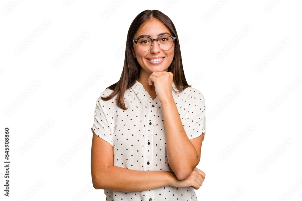 Young cute caucasian woman isolated smiling happy and confident, touching chin with hand. Young cute caucasian woman isolated smiling happy and confident, touching chin with hand.