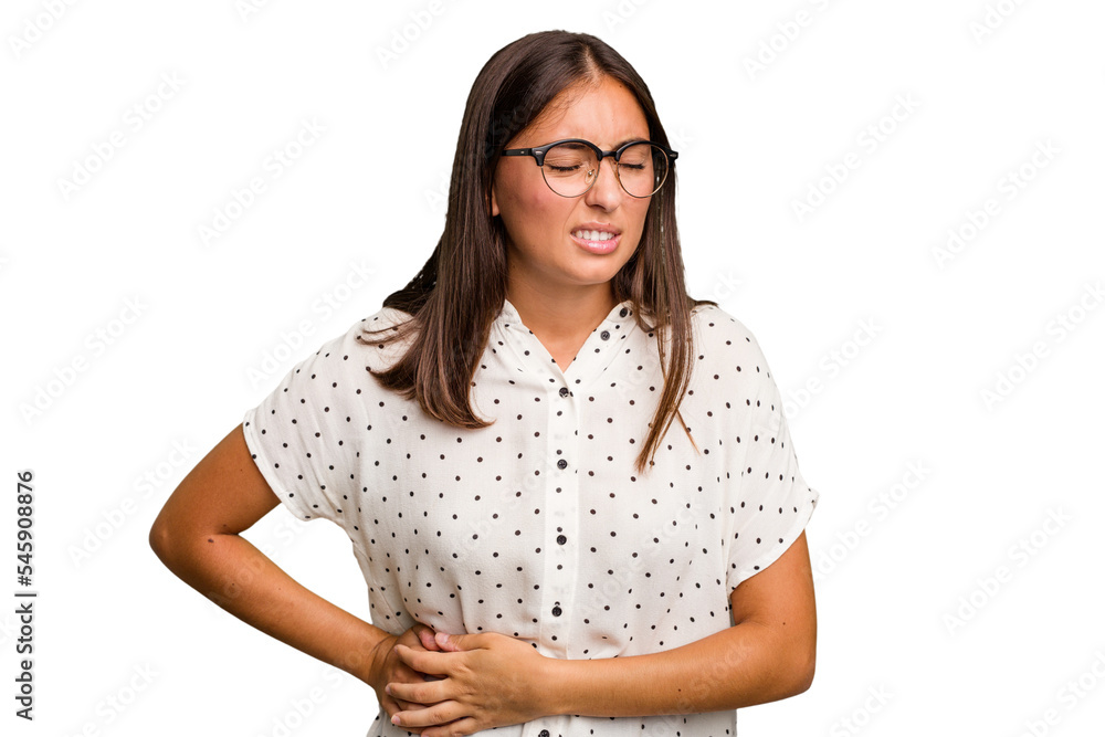 Young cute caucasian woman isolated having a liver pain, stomach ache. Young cute caucasian woman isolated having a liver pain, stomach ache.