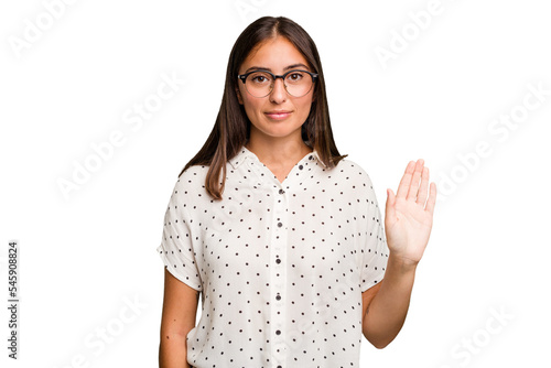 Young cute caucasian woman isolated smiling cheerful showing number five with fingers.