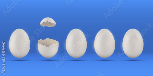 One egg with a broken shell among many other eggs