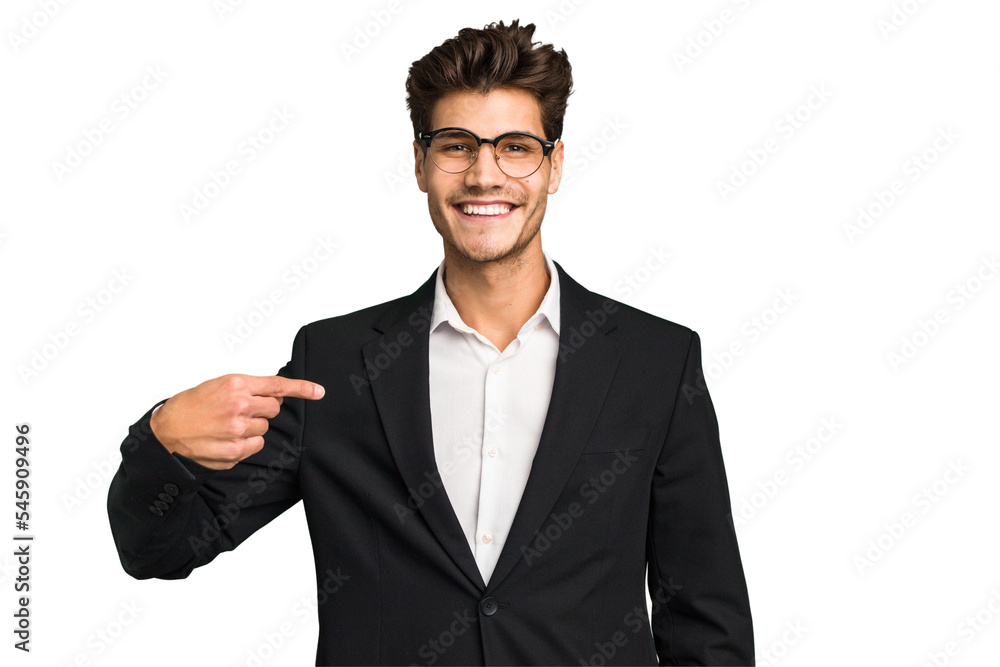 Young caucasian business man isolated person pointing by hand to a shirt copy space, proud and confident Young caucasian business man isolated person pointing by hand to a shirt copy space, proud and confident