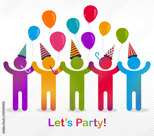 Celebrating people vector concept simple illustration or icon, celebration anniversary or holiday fun, group of cheerful happy people having fun at party.