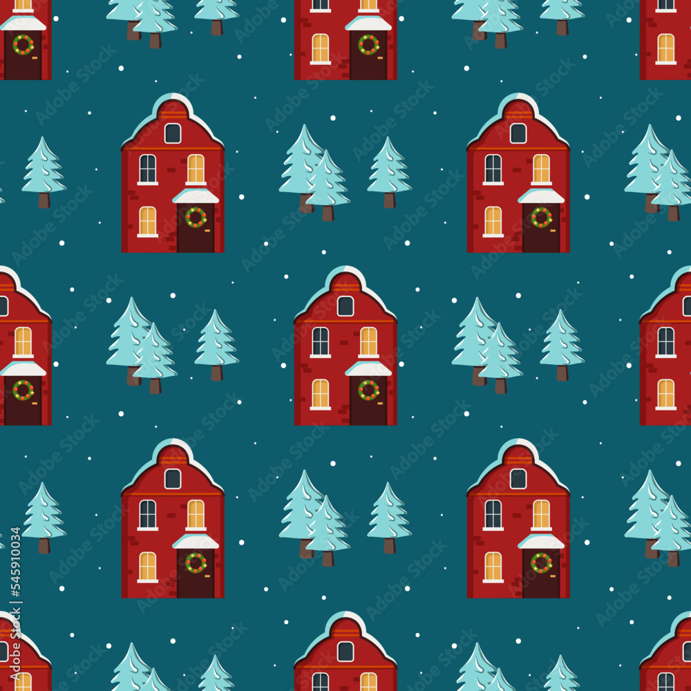 Fototapeta premium Seamless pattern with cute houses with a bright roof on the snow, light in the windows and chimneys. Merry holiday print, New Year and Christmas decorations. Winter and festive background