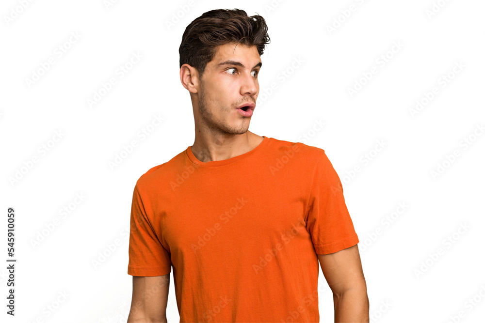 Young caucasian handsome man isolated being shocked because of something she has seen. Young caucasian handsome man isolated being shocked because of something she has seen.