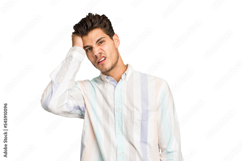 Young caucasian handsome man isolated tired and very sleepy keeping hand on head. Young caucasian handsome man isolated tired and very sleepy keeping hand on head.