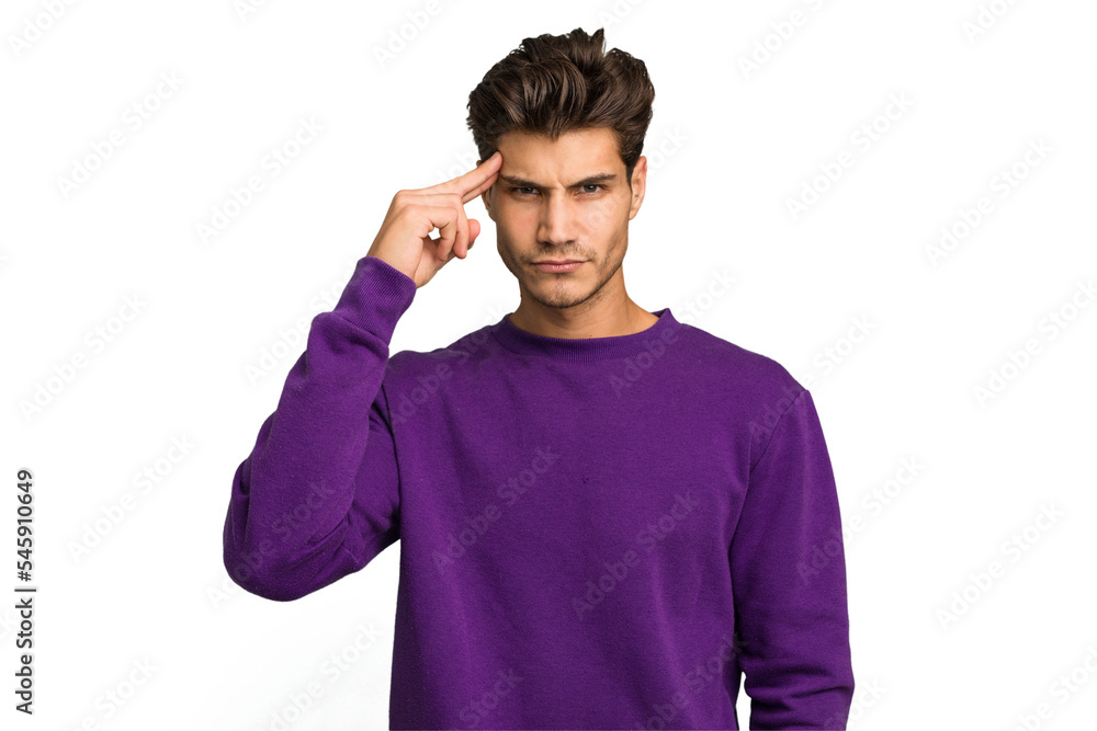 Young caucasian handsome man isolated pointing temple with finger, thinking, focused on a task.