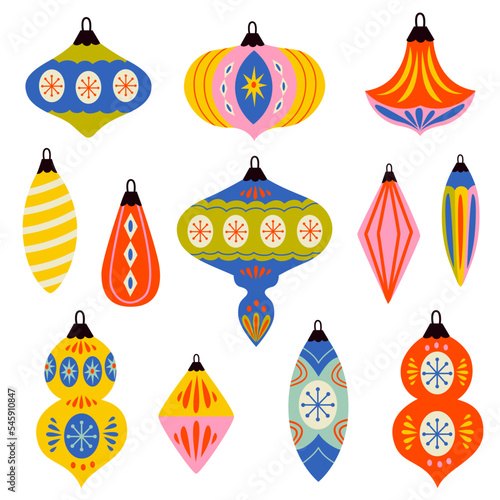 set of isolated retro Christmas tree ornaments