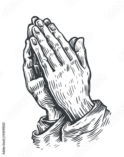 Pray symbol. Prayer to God with faith and hope. Hand drawn praying hands sketch vintage vector illustration