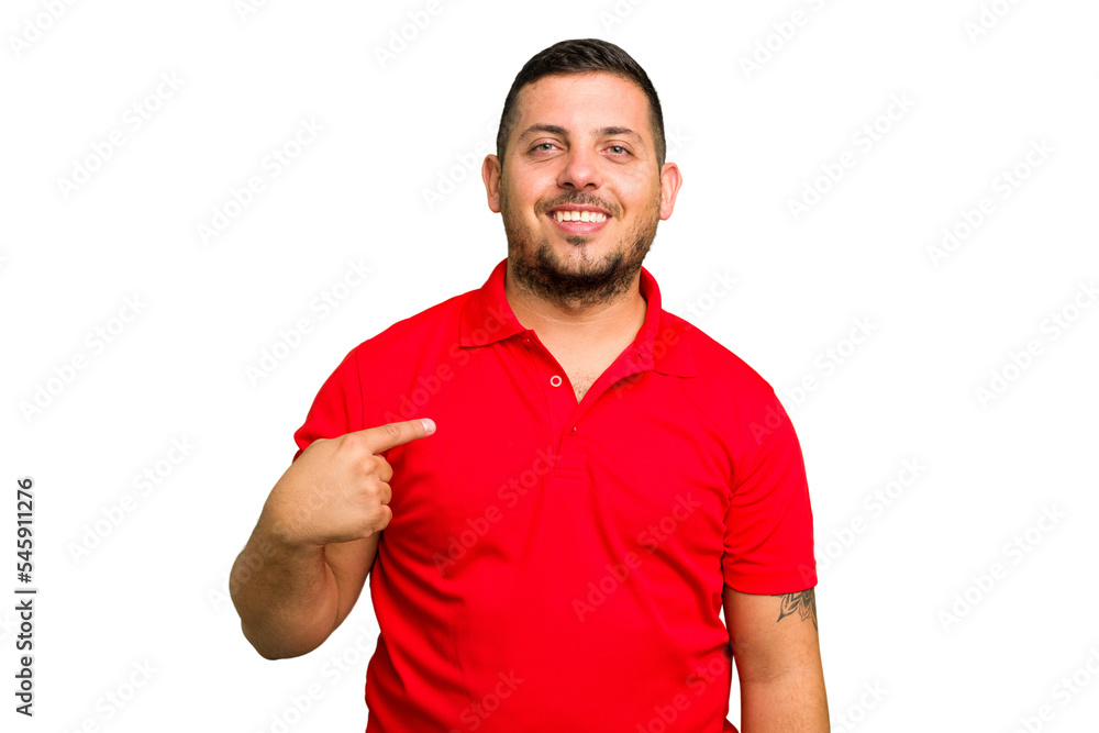 Young caucasian man isolated person pointing by hand to a shirt copy space, proud and confident Young caucasian man isolated person pointing by hand to a shirt copy space, proud and confident