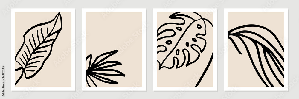 Set of abstract tropical organic shapes, leaves, lines and textures in black on neutral nude and beige background.