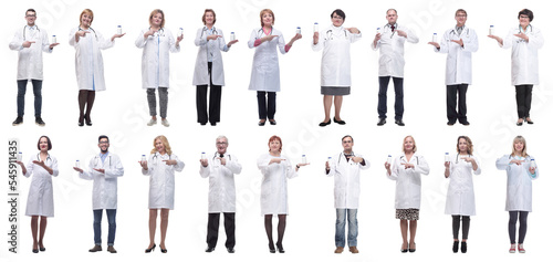 group of doctors holding jar isolated on white