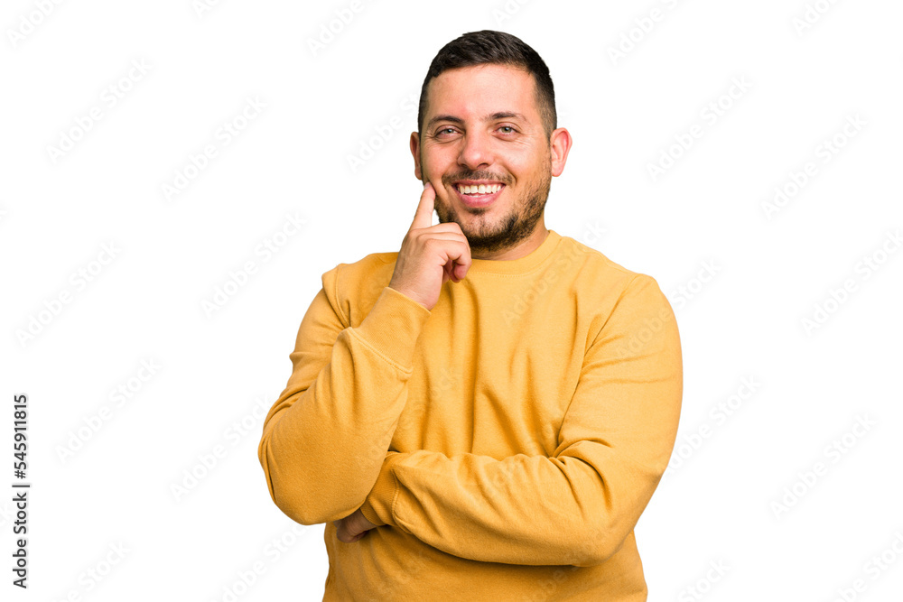 Young caucasian man isolated smiling happy and confident, touching chin with hand. Young caucasian man isolated smiling happy and confident, touching chin with hand.