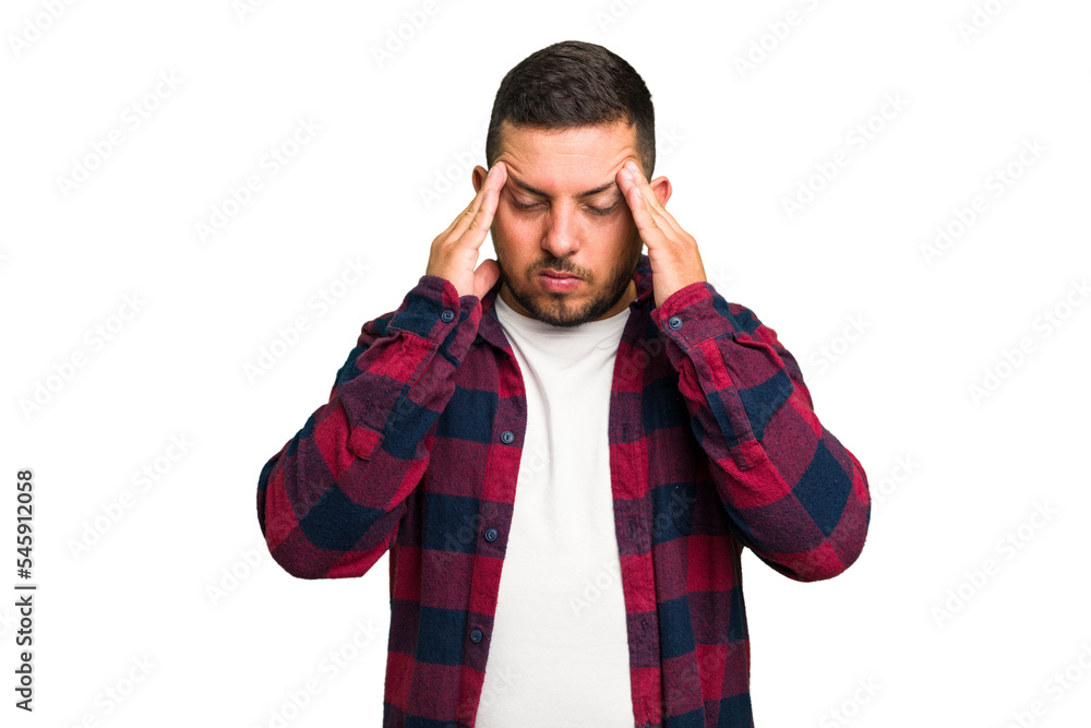 Young caucasian man isolated touching temples and having headache. Young caucasian man isolated touching temples and having headache.
