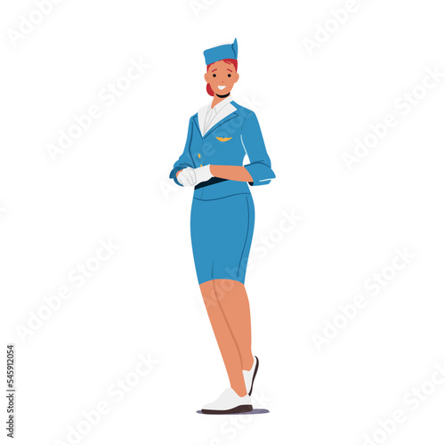 Stewardess Flight Attendant Air Hostess Girl Wear Blue Uniform and Cap Stand with Smiling Face. Airplane Airline Staff