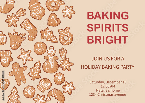 Invitation for Cookie decoration celebration, Holiday baking party, Cookie exchange. Place for text. Vector illustration.