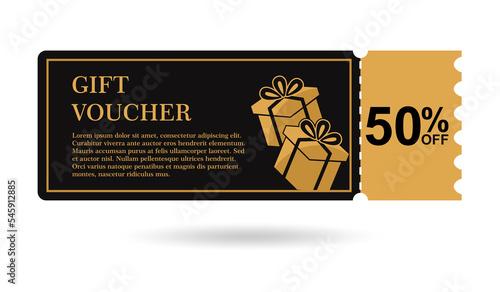 Golden gift voucher 50% off. discount gift voucher 50% sale for website, internet ads, social media. Discount gift voucher, beautiful design. vector illustration 