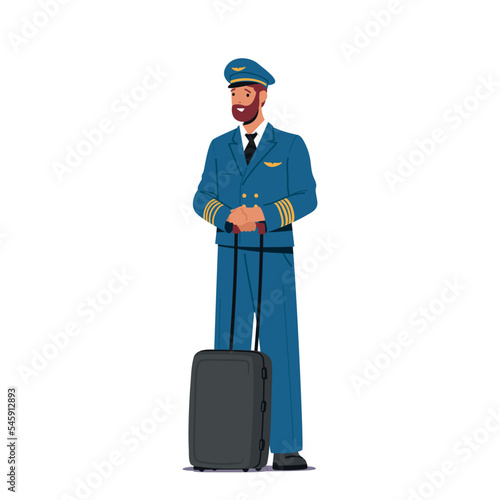 Airplane Pilot with Suitcase Isolated on White Background. Aviation Aircrew Male Character Wearing Uniform, Jet Captain