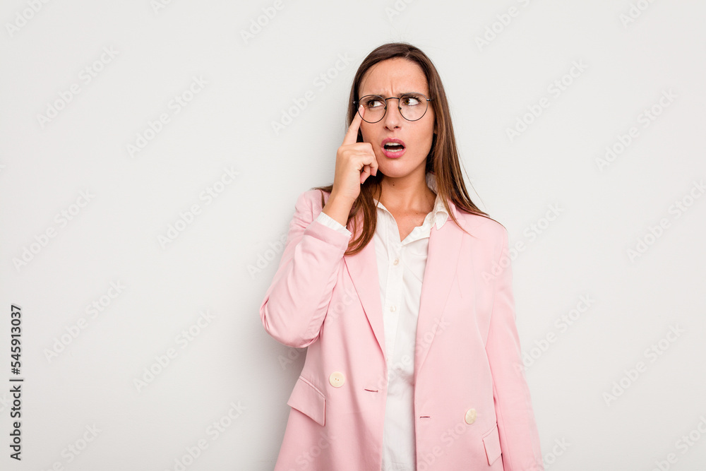 Business caucasian woman isolated on white background pointing temple with finger, thinking, focused on a task. Business caucasian woman isolated on white background pointing temple with finger, thinking, focused on a task.