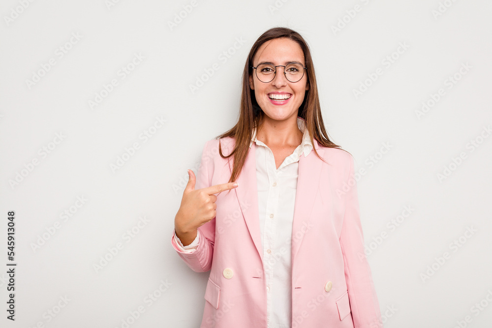 Business caucasian woman isolated on white background person pointing by hand to a shirt copy space, proud and confident Business caucasian woman isolated on white background person pointing by hand to a shirt copy space, proud and confident