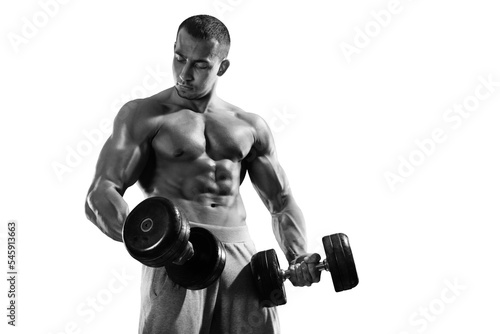 Sport and fitness on transparent background. Muscular bodybuilder in the gym training with dumbbells.
