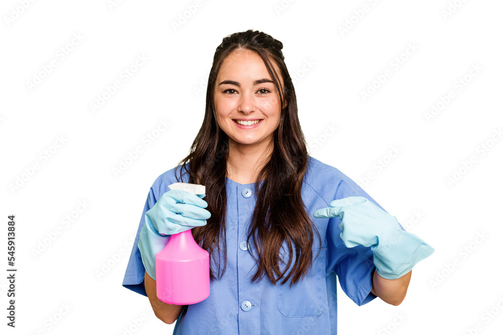 Young cleaner caucasian woman isolated on green chroma background person pointing by hand to a shirt copy space, proud and confident Young cleaner caucasian woman isolated on green chroma background person pointing by hand to a shirt copy space, proud and confident