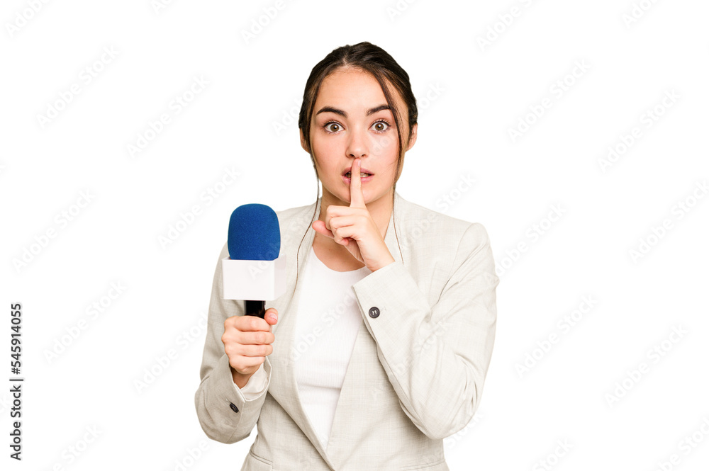 Young TV presenter caucasian woman isolated on green chroma background keeping a secret or asking for silence. Young TV presenter caucasian woman isolated on green chroma background keeping a secret or asking for silence.