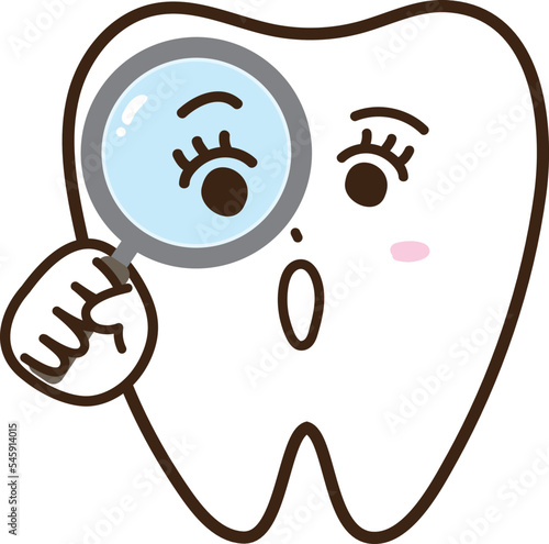 歯　虫メガネ　検査　顔　擬人化　女性　表情　驚く　びっくり