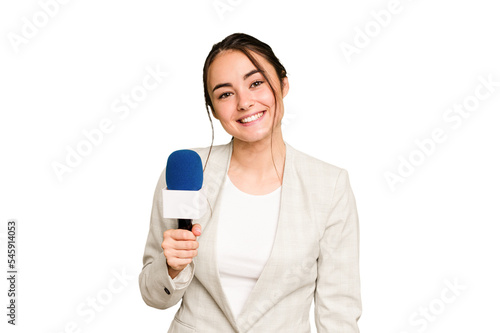 Bild auf Leinwand Young TV presenter caucasian woman isolated on green chroma background happy, smiling and cheerful