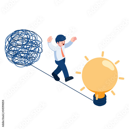 Isometric Businessman Walking from Messy Line to Light Bulb