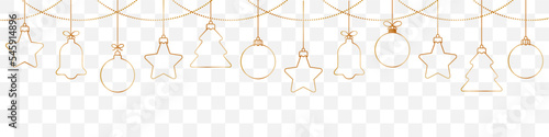 Christmas ball golden line icon.Set of simple golden christmas balls isolated on transparent background. Christmas decoration.Christmas and New Year seamless banner or border.Golden angel